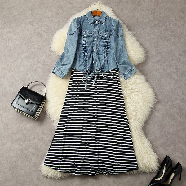 two piece dress european and american women's clothes 2023 spring new long sleeved denim jacket striped suspender dress fashion two-pie, White
two piece dress european and american women's clothes 2023 spring new long sleeved denim jacket striped suspender dress fashion two-pie, White