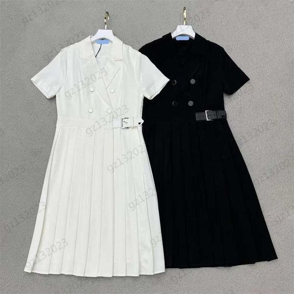 women dresses custom double breasted button open lapel short sleeve dress splicing triangle logo leather buckle design large hemline pleated, Black;gray
women dresses custom double breasted button open lapel short sleeve dress splicing triangle logo leather buckle design large hemline pleated, Black;gray