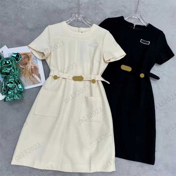 designer dresses front logo decoration custom metal buckle belt slim dress classic crewneck design back zipper short sleeves maxiskit women, Black;gray
designer dresses front logo decoration custom metal buckle belt slim dress classic crewneck design back zipper short sleeves maxiskit women, Black;gray