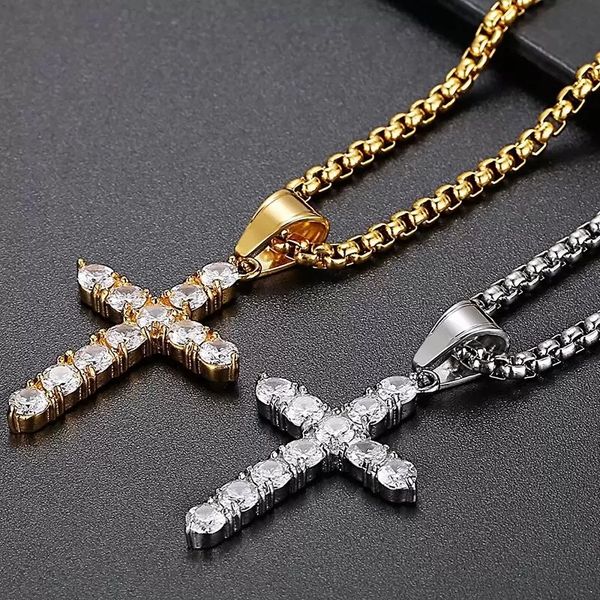 chains luxury necklace gold plated stainless steel cz cross pendant for men women with 60cm box chain men's party choker jewellery, Silver
chains luxury necklace gold plated stainless steel cz cross pendant for men women with 60cm box chain men's party choker jewellery, Silver