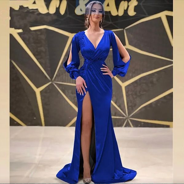 royal blue mermaid women evening dress long sleeves v neck side slit satin lace applique formal prom party gowns robe de soiree, Black
royal blue mermaid women evening dress long sleeves v neck side slit satin lace applique formal prom party gowns robe de soiree, Black