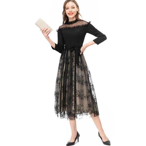 women's runway dresses o neck long sleeves lace patchwork ruffles printed stars fashion designer vestidos, Black
women's runway dresses o neck long sleeves lace patchwork ruffles printed stars fashion designer vestidos, Black