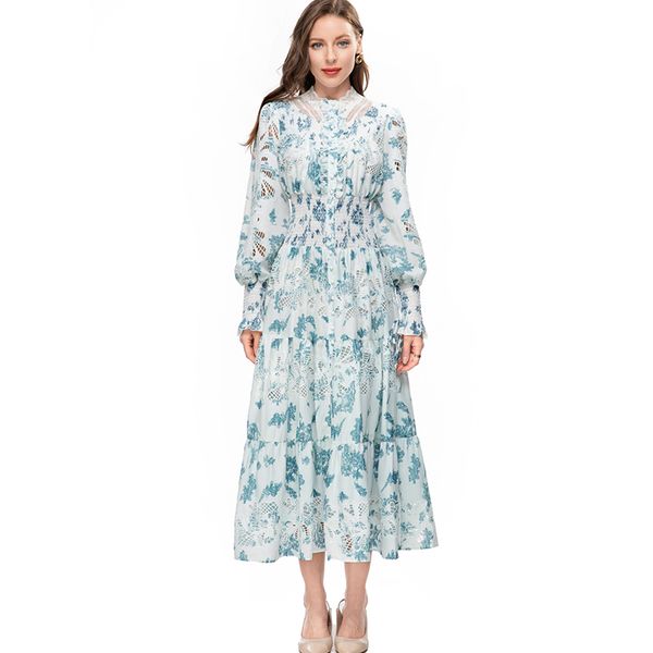 women's runway dresses stand collar long lantern sleeves embroidery hollow out high street fashion designer vestidos, Black
women's runway dresses stand collar long lantern sleeves embroidery hollow out high street fashion designer vestidos, Black