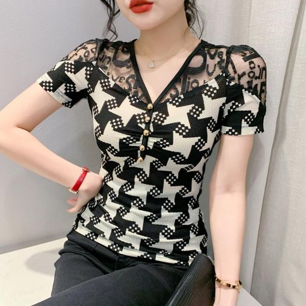 women's t shirts summer mesh tee printed shirt women v-neck buttons folds hollow out tight tshirt short sleeve korean style, White
women's t shirts summer mesh tee printed shirt women v-neck buttons folds hollow out tight tshirt short sleeve korean style, White