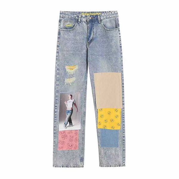 men's and women's jeans designer regular smiley face hole bear patch street style luxury quality avant-garde jeans, Blue
men's and women's jeans designer regular smiley face hole bear patch street style luxury quality avant-garde jeans, Blue