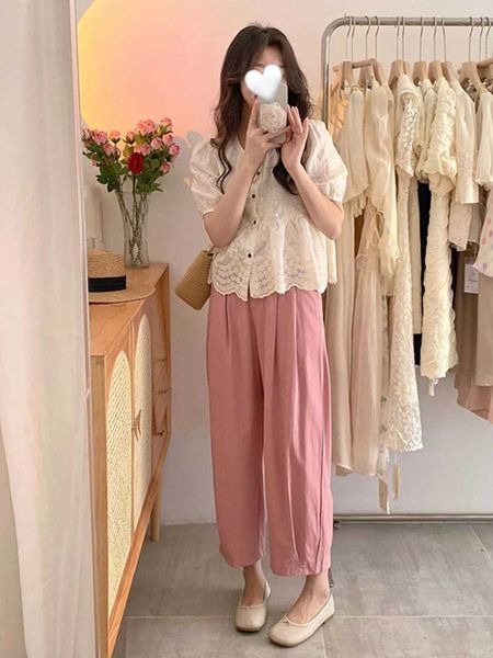 bubble sleeved shirt wide leg pants two-piece set summer french style small stature gentle fragrant and stylish outfit for women, Black;white
bubble sleeved shirt wide leg pants two-piece set summer french style small stature gentle fragrant and stylish outfit for women, Black;white