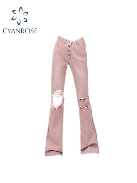 

jeans pink ripped vintage women's jeans flare pants 90s streetwear casual korean fashion y2k button wide leg high waist denim trousers, Blue