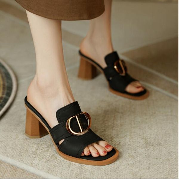 vintage style metal buckle sandals women summer slides high chunky heel leather womens lazy slides shoes, Black
vintage style metal buckle sandals women summer slides high chunky heel leather womens lazy slides shoes, Black