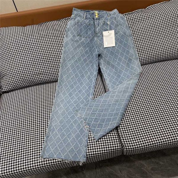 women's jeans designer early autumn new chic rhombic plaid tassel trouser hem high waist metal buckle non pick denim straight leg pants, Blue
women's jeans designer early autumn new chic rhombic plaid tassel trouser hem high waist metal buckle non pick denim straight leg pants, Blue