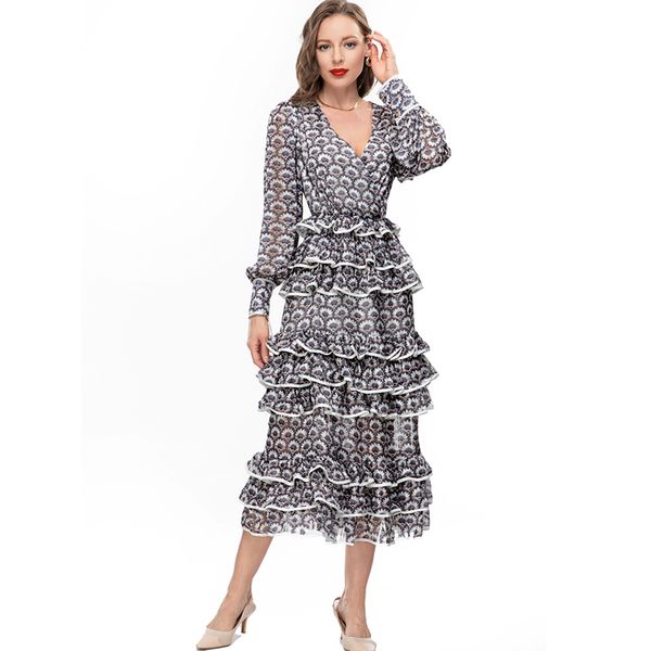 women's runway dresses v neck long lantern sleeves printed tiered ruffles elegant fashion designer vestidos, Black
women's runway dresses v neck long lantern sleeves printed tiered ruffles elegant fashion designer vestidos, Black