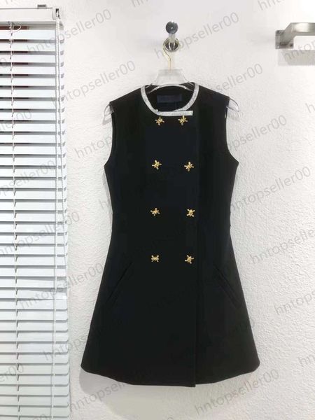 black designer womens dresses summer spring fashion luxury loose double breasted collar exquisite silver decorative round neck sleeveless dr, Black;gray
black designer womens dresses summer spring fashion luxury loose double breasted collar exquisite silver decorative round neck sleeveless dr, Black;gray