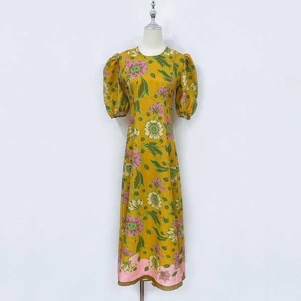 runway dresses 2023 spring/summer australian fashion designer designed yellow chrysanthemum printed linen mid length dress, Black
runway dresses 2023 spring/summer australian fashion designer designed yellow chrysanthemum printed linen mid length dress, Black