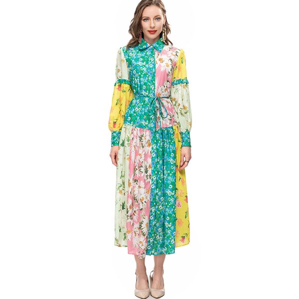 women's runway dresses turn down collar long sleeves floral printed lace up belt high street fashion designer vestidos, Black
women's runway dresses turn down collar long sleeves floral printed lace up belt high street fashion designer vestidos, Black