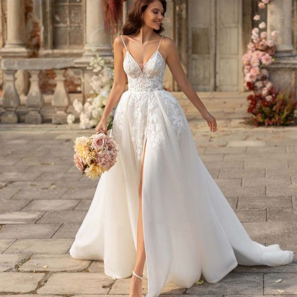 ivory spaghetti strap a line wedding dresses 2023 v neck lace appliques summer bridal gown beach boho wedding dress with side split, White
ivory spaghetti strap a line wedding dresses 2023 v neck lace appliques summer bridal gown beach boho wedding dress with side split, White