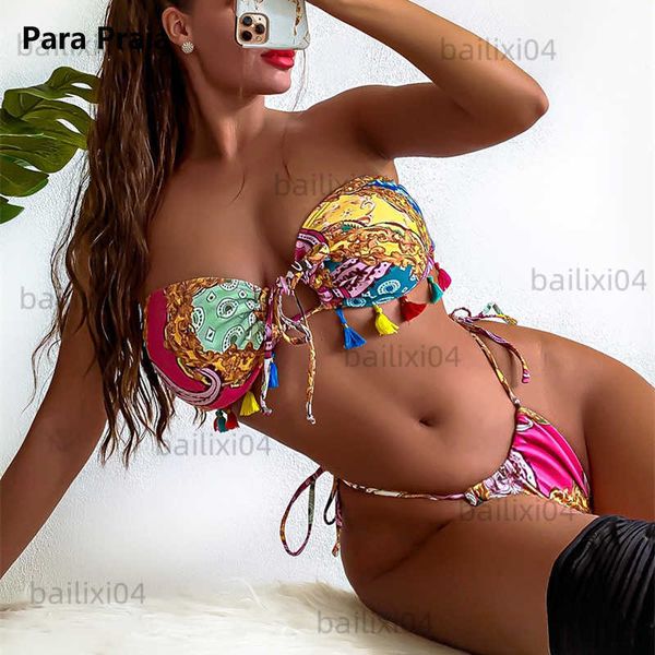 women's swimwear para praia print tassels bandeau swimsuit 2023 women bikini set push up swimwear bandage biquini brazilian bathing sui, White;black
women's swimwear para praia print tassels bandeau swimsuit 2023 women bikini set push up swimwear bandage biquini brazilian bathing sui, White;black