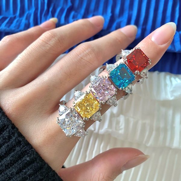 2022 radiant cut gemstone diamond ring 100% real 925 sterling silver party wedding band rings for women men engagement jewelry, Slivery;golden