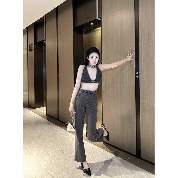 p 23 spring summer new fashionable triangle strap tank high waist denim pants versatile set, Black;white
p 23 spring summer new fashionable triangle strap tank high waist denim pants versatile set, Black;white