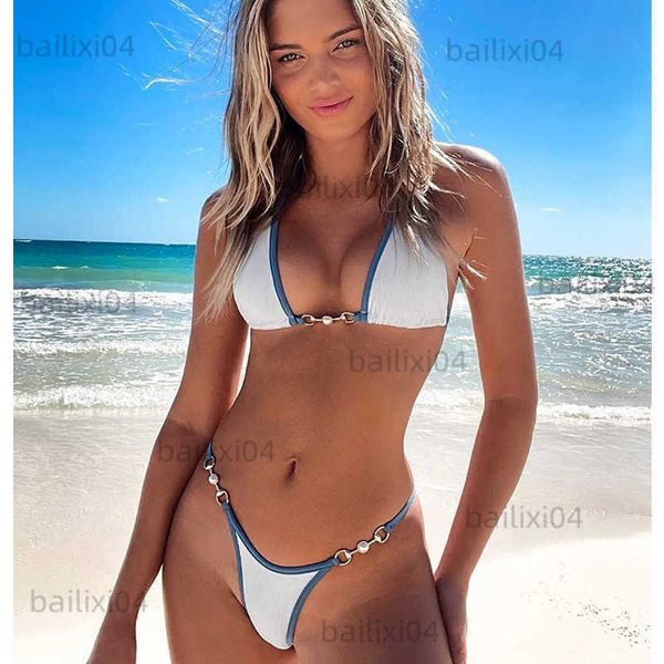 women's swimwear women's 2 piece colorblock chain swimsuit tie halter neck micro bikini set string bathing suit t230417, White;black
women's swimwear women's 2 piece colorblock chain swimsuit tie halter neck micro bikini set string bathing suit t230417, White;black