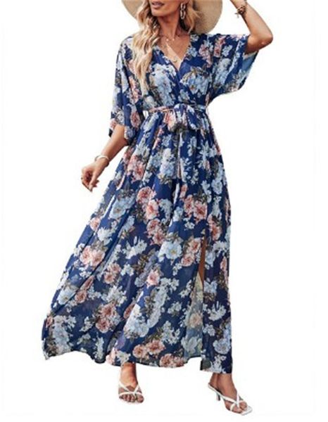 

Lace Up Chiffon Long Dress Women Summer Casual Floral Print Beach Dress Short Sleeve V-Neck Belted Slit Maxi Dresses