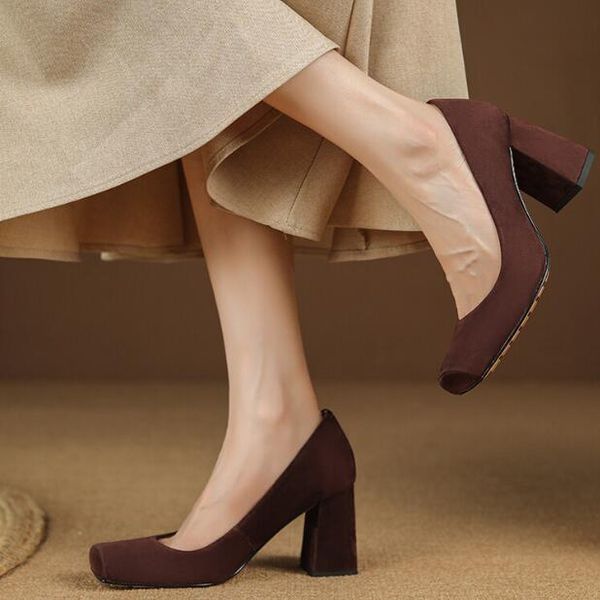 fashion office shoes women high chunky heel suede leather 2023 spring autumn lady wedding bridal dress shoes, Black