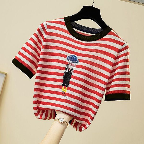 women's tshirt embroidery striped knitted t shirt women casual short sleeves thin tshirts woman clothes tee shirt femme summer camiset, White
women's tshirt embroidery striped knitted t shirt women casual short sleeves thin tshirts woman clothes tee shirt femme summer camiset, White