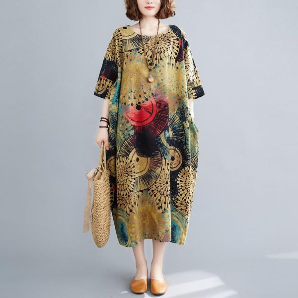 dresses johnature summer dress 2021 new print half sleeve oneck korean loose comfortable women vintage retro dresses, Black;gray
dresses johnature summer dress 2021 new print half sleeve oneck korean loose comfortable women vintage retro dresses, Black;gray
