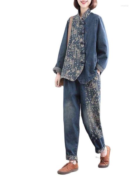 Women's Two Piece Pants 2023 Denim Single Breasted Disc Buckle Print Patchwork Long Sleeves Top Ankle-length Suit Women's Two-piece, Blue
Women's Two Piece Pants 2023 Denim Single Breasted Disc Buckle Print Patchwork Long Sleeves Top Ankle-length Suit Women's Two-piece, Blue