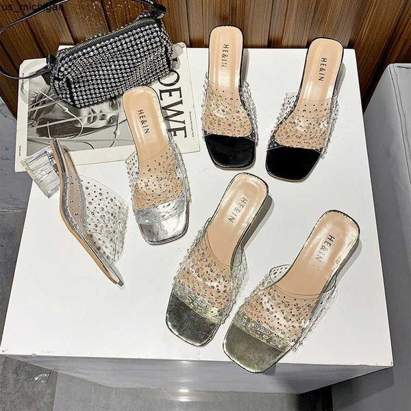 slippers 2022 fashion pvc transparent rhinestone slippers women high heels square toe ladies shoes shallow sandals slippers women j230417, Black
slippers 2022 fashion pvc transparent rhinestone slippers women high heels square toe ladies shoes shallow sandals slippers women j230417, Black