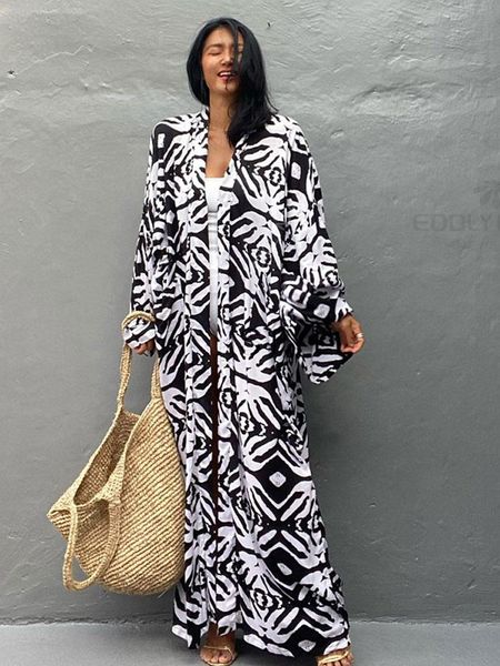 

dresses 2022 casual printed long sleeve self belted kimono dress women casual elastic waist long loose slit beach dresses q1340, Black;gray