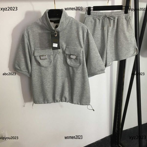 women's tracksuits designer sets size s-l 2pcs metal buckle double pocket short sleeved sweater and drawstring shorts new arrival april, Gray
women's tracksuits designer sets size s-l 2pcs metal buckle double pocket short sleeved sweater and drawstring shorts new arrival april, Gray