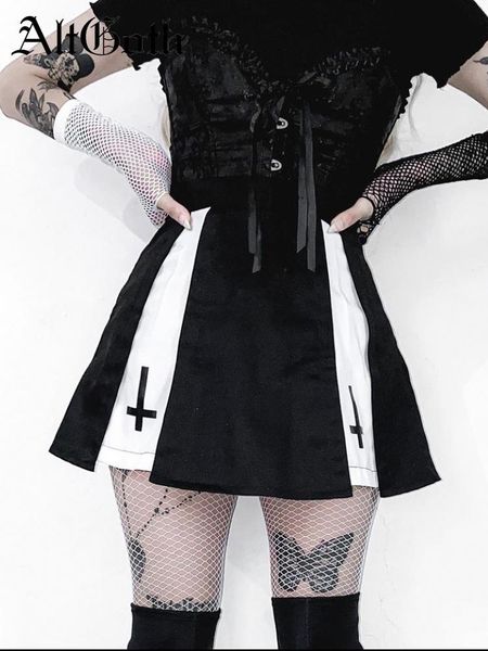dresses altgoth fairycore gothic pleated skirt women vintage harajuku cross printed patchwork high waist skirt y2k emo alt punk clubwear, White;black 
dresses altgoth fairycore gothic pleated skirt women vintage harajuku cross printed patchwork high waist skirt y2k emo alt punk clubwear, White;black