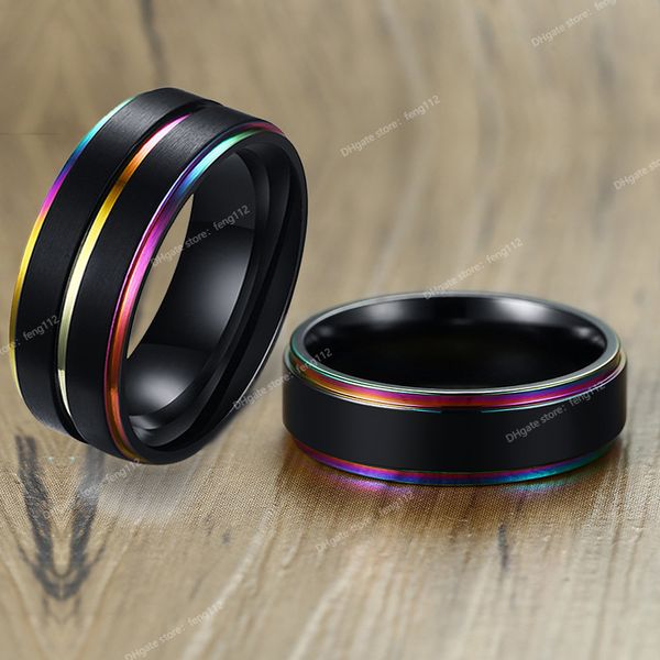 black stainless steel basic ring for men with rainbow line classic male wedding band multi color jewelry fraternal rings fashion jewelryring, Golden;silver 
black stainless steel basic ring for men with rainbow line classic male wedding band multi color jewelry fraternal rings fashion jewelryring, Golden;silver