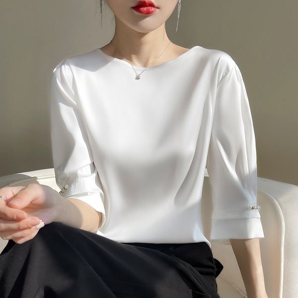 women's t-shirt silk women t-shirts spring summer o-neck three quarter sleeve tees casual solid color bottom beading loose female pull, White
women's t-shirt silk women t-shirts spring summer o-neck three quarter sleeve tees casual solid color bottom beading loose female pull, White