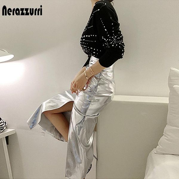 dresses nerazzurri black reflective patent leather skirt with slit high waist silver midi skirt for women long skirts for women 2021, Black;gray
dresses nerazzurri black reflective patent leather skirt with slit high waist silver midi skirt for women long skirts for women 2021, Black;gray