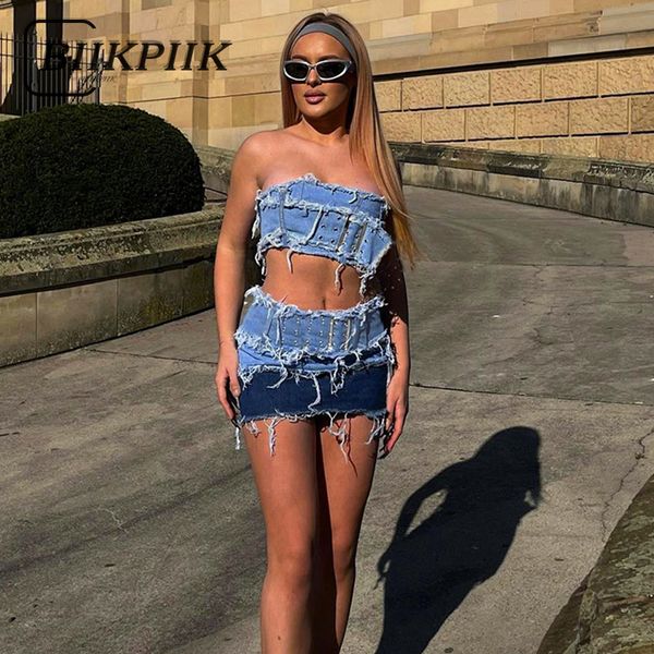 two piece dress biikpiik fashion women denim 2 skirts sets zipper patchwork concise suits summer streetwear style clothing 230418, White
two piece dress biikpiik fashion women denim 2 skirts sets zipper patchwork concise suits summer streetwear style clothing 230418, White