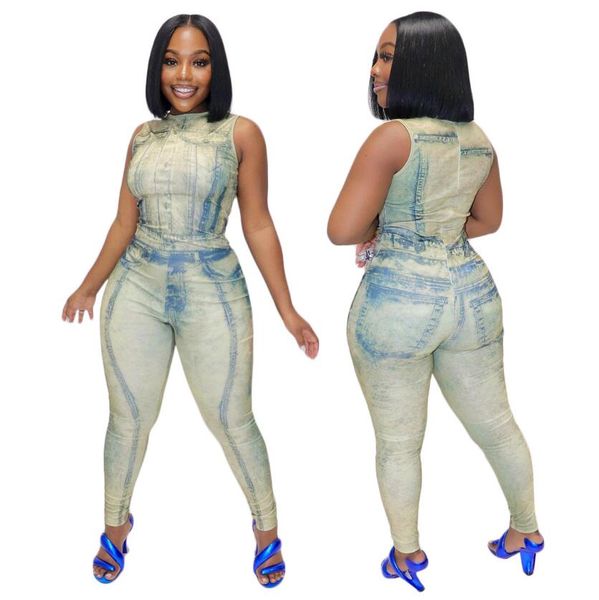 k7155 european american women's two-piece pants summer trend denim print sleeveless zipper suit, White
k7155 european american women's two-piece pants summer trend denim print sleeveless zipper suit, White