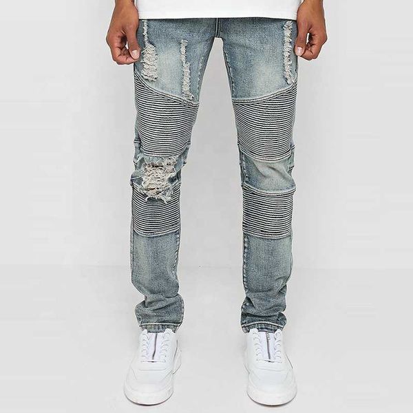 men street stonewash distressed stacked ribbed pleated ripped slim skinny biker moto jeans denim pants, Blue
men street stonewash distressed stacked ribbed pleated ripped slim skinny biker moto jeans denim pants, Blue