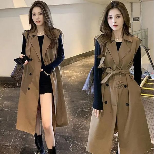 women's jackets korean fashion sleeveless windbreaker women classic khaki double breasted turndown collar vest trench coat casual waist, Black;brown
women's jackets korean fashion sleeveless windbreaker women classic khaki double breasted turndown collar vest trench coat casual waist, Black;brown