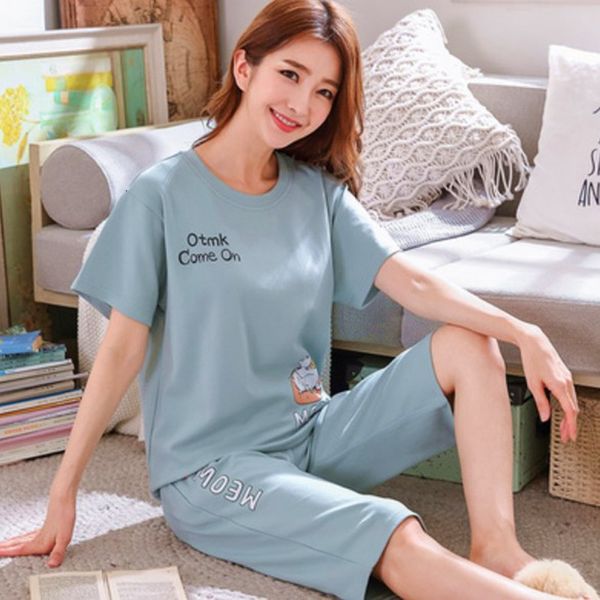 women's sleepwear summer pajamas girl's cotton short sleeve slim sleepwear large size t-shirt cropped pants two-piece set cute pyj, Black;red
women's sleepwear summer pajamas girl's cotton short sleeve slim sleepwear large size t-shirt cropped pants two-piece set cute pyj, Black;red