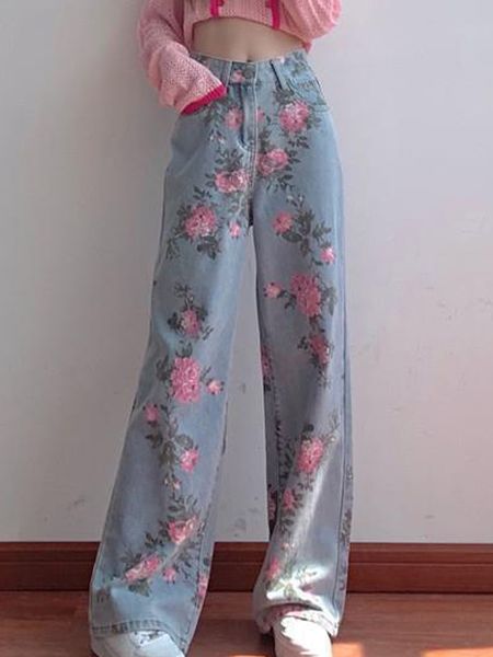 women's jeans 2023 summer sweet printed flower jean's design sense denim trousers high waist straight loose button wide leg pants, Blue
women's jeans 2023 summer sweet printed flower jean's design sense denim trousers high waist straight loose button wide leg pants, Blue