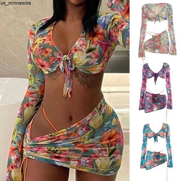 women's swimwear women floral print mesh 3 pieces set long sleeve tie knot front crop with thong side drstring ruched mini skirt j23041, White;black
women's swimwear women floral print mesh 3 pieces set long sleeve tie knot front crop with thong side drstring ruched mini skirt j23041, White;black