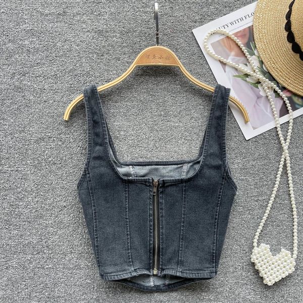 women's tanks cami summer imitation denim camis wide shoulder strap zipper tank square collar corset korean fashion solid color crop 2, White
women's tanks cami summer imitation denim camis wide shoulder strap zipper tank square collar corset korean fashion solid color crop 2, White