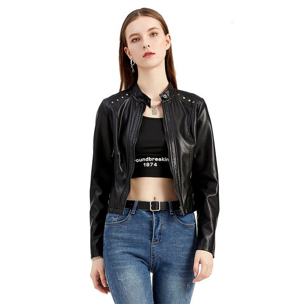 women's leather faux riveted jacket female spring and autumn longsleeved standing collar fashion 230418, Black
women's leather faux riveted jacket female spring and autumn longsleeved standing collar fashion 230418, Black