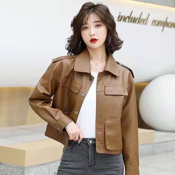 women's leather faux fashion spring and autumn short solid color jacket korean casual temperament standup collar 230418, Black
women's leather faux fashion spring and autumn short solid color jacket korean casual temperament standup collar 230418, Black