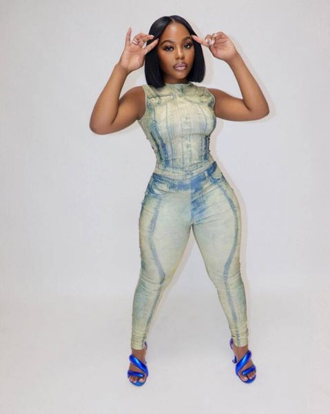 european american women's two-piece pants summer trend denim print sleeveless zipper suit, White
european american women's two-piece pants summer trend denim print sleeveless zipper suit, White