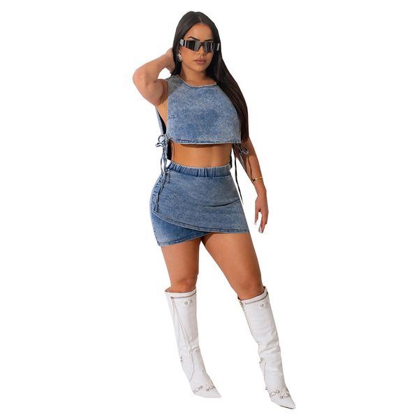 2023 designer streetwear dress sets summer 2 piece women outfits denim lace-up vest+ elastic waist irregular cross hem mini skirts wholesale, White
2023 designer streetwear dress sets summer 2 piece women outfits denim lace-up vest+ elastic waist irregular cross hem mini skirts wholesale, White