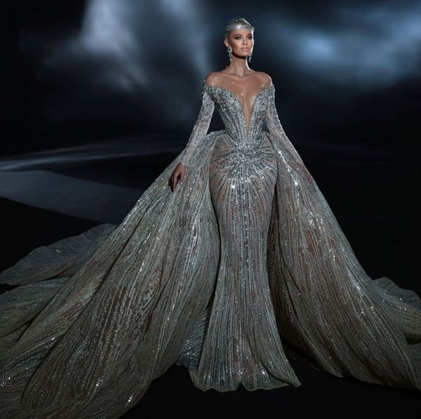 sparkly mermaid wedding dresses long sleeves v neck appliques sequins ruffles 3d lace diamonds detachable train floor length bridal gowns cu, White
sparkly mermaid wedding dresses long sleeves v neck appliques sequins ruffles 3d lace diamonds detachable train floor length bridal gowns cu, White