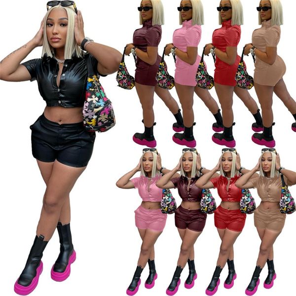 summer two piece set short tracksuits designer women pu leather solid short sleeve shirt shorts matching sets slim outfits 9732, Gray
summer two piece set short tracksuits designer women pu leather solid short sleeve shirt shorts matching sets slim outfits 9732, Gray