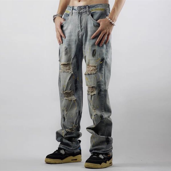 men's jeans men broken hole painted ripped male streetwear trend fashion hip hop loose casual denim pants trousers 230418, Blue
men's jeans men broken hole painted ripped male streetwear trend fashion hip hop loose casual denim pants trousers 230418, Blue