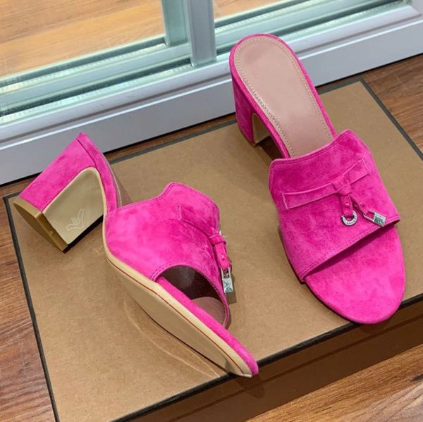 

luxury designers lp piana summer charms suede mules slippers slides open-toe shoes chunky block heels women genuine leather outsole casual s, Black